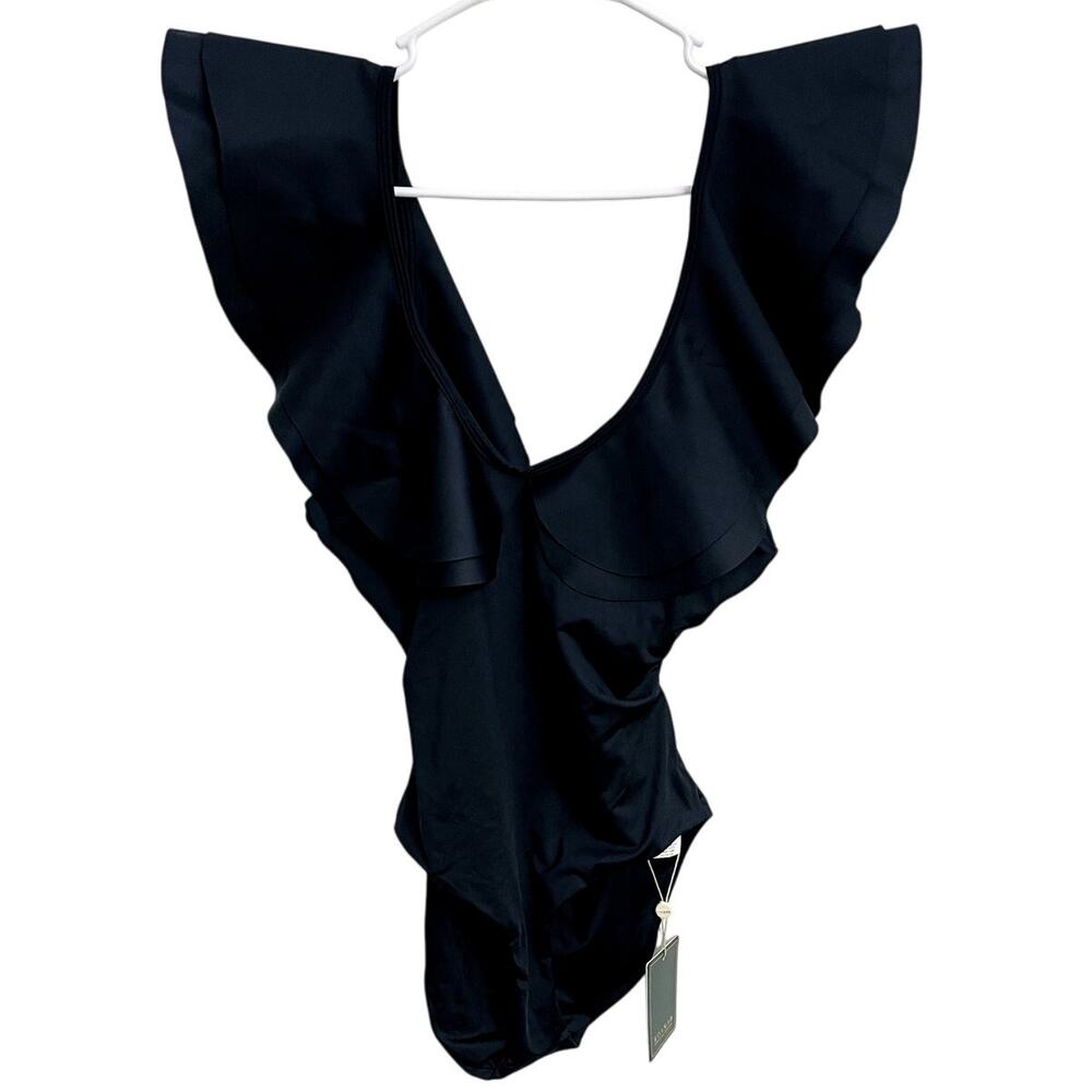 NWT Anthropologie‎ Boamar Black Ruffle One Piece Swimsuit Size M Feminine Luxury
